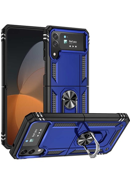 Case World Samsung Galaxy Z Flip 4 Kapak Military Yüzüklü Stantlı Panzer Tank Kılıf - Lacivert