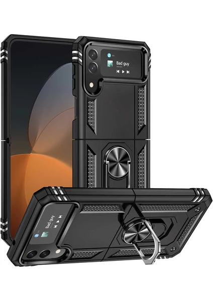 Case World Samsung Galaxy Z Flip 4 Kapak Military Yüzüklü Stantlı Panzer Tank Kılıf - Siyah