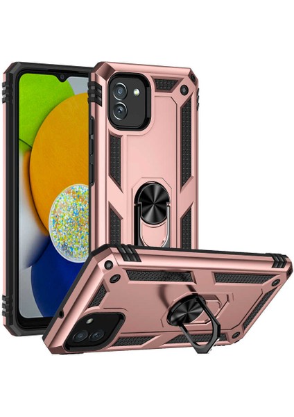 Samsung Galaxy A03 Kapak Military Yüzüklü Stantlı Panzer Tank Kılıf - Rose Gold