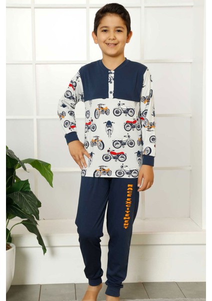 Indigo Motor Baskılı Uzun Kollu Patlı Bisiklet Yaka Erkek Çocuk Pijama Takımı EDY5161UK-İ