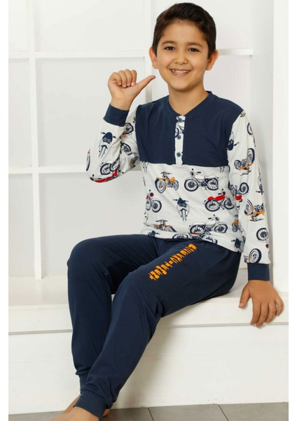 Indigo Motor Baskılı Uzun Kollu Patlı Bisiklet Yaka Erkek Çocuk Pijama Takımı EDY5161UK-İ fırsatları