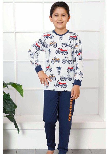 Indigo Motor Baskılı Uzun Kollu Bisiklet Yaka Erkek Çocuk Pijama Takımı EDY5160UK-İ