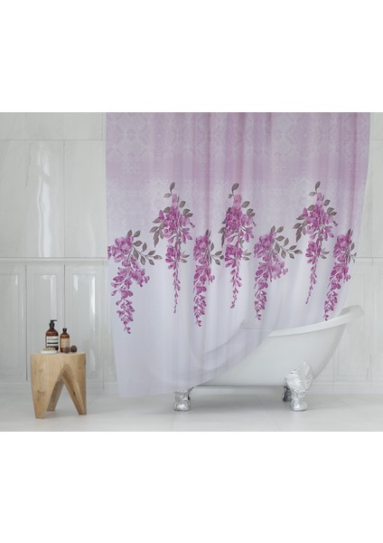 Fuşya Banyo Perdesi 180X200CM Askı Hediyeli Banyo Duş Perdesi, Pembe Renk Sümbül Banyo Perdesi