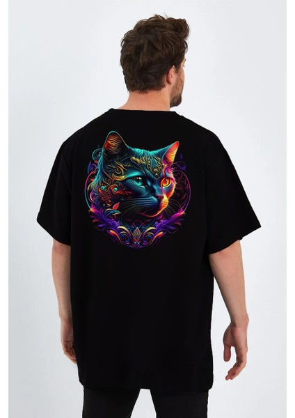 Cat Love Baskılı Sıfır Yaka Unisex Oversize Tişört