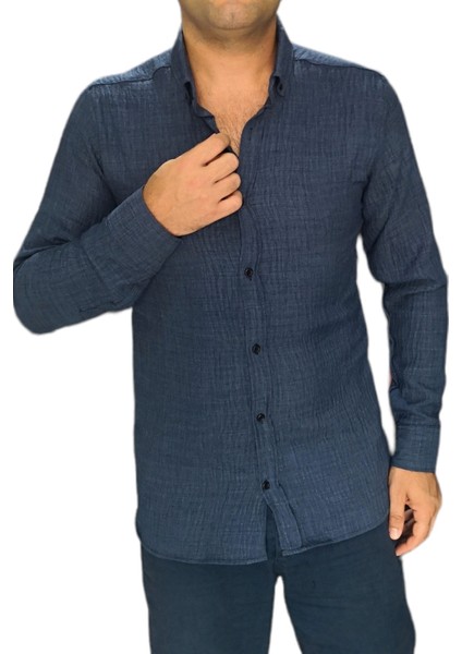 Bayaygün 3046 Polyester Keten Dar Kesim Gömlek _lacivert
