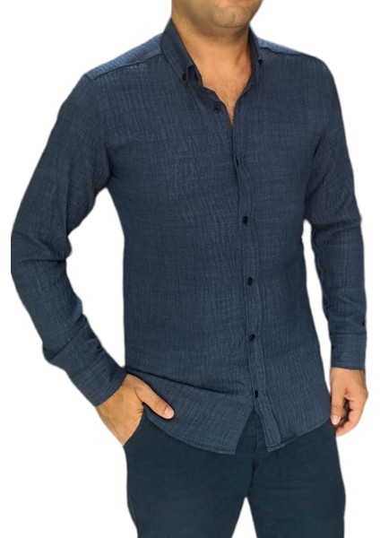 Bayaygün 3046 Polyester Keten Dar Kesim Gömlek _lacivert