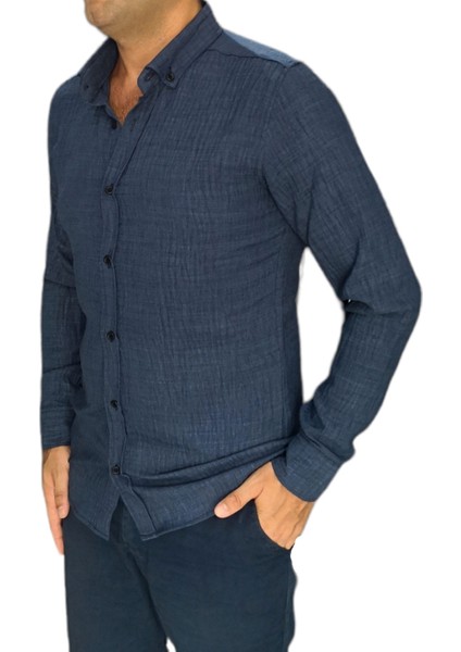 Bayaygün 3046 Polyester Keten Dar Kesim Gömlek _lacivert