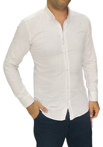 Bayaygün 3069 Keten Flam Dar Kesim Gömlek _beyaz modelleri