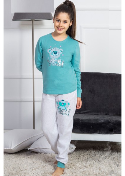 Vienetta Kız Çocuk Ikiiplik O Yaka Uzun Takma Kollu Manşetli Koyu Mint Pijama Takım 4027,3-7 Yaş