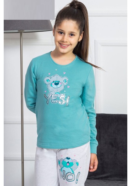 Vienetta Kız Çocuk Ikiiplik O Yaka Uzun Takma Kollu Manşetli Koyu Mint Pijama Takım 4027,3-7 Yaş