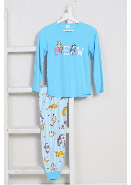 Genç Kız Süprem Penye O Yaka Eteği Oval Uzun Kol Manşetli Turkuaz Pijama Takım 9581,7-14YAŞ modelleri