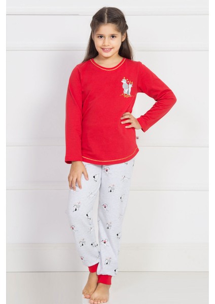Kız Çocuk Lyc Ikiiplik Oyaka Uzun Kol Eteği Oval Manşetli Kırmızı Pijama Takım 4396,3-7 Yaş