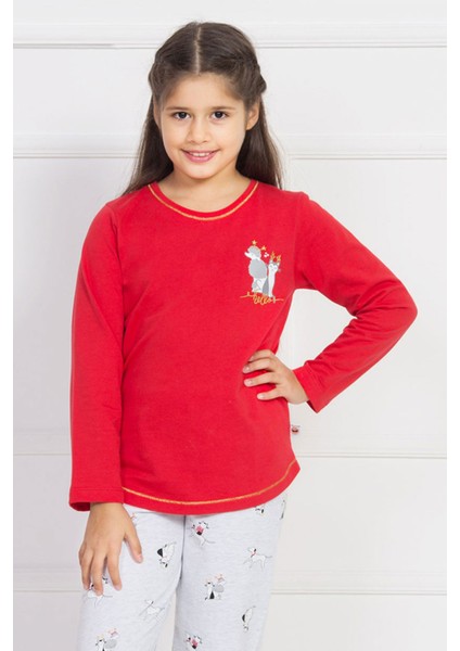 Kız Çocuk Lyc Ikiiplik Oyaka Uzun Kol Eteği Oval Manşetli Kırmızı Pijama Takım 4396,3-7 Yaş