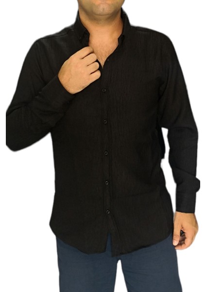 Bayaygün 3046 Polyester Keten Dar Kesim Gömlek _siyah
