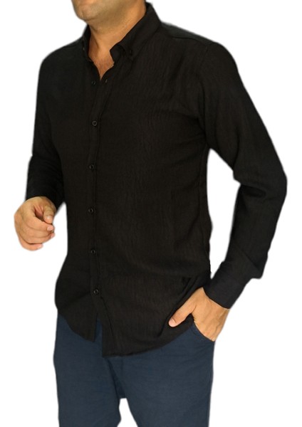 Bayaygün 3046 Polyester Keten Dar Kesim Gömlek _siyah