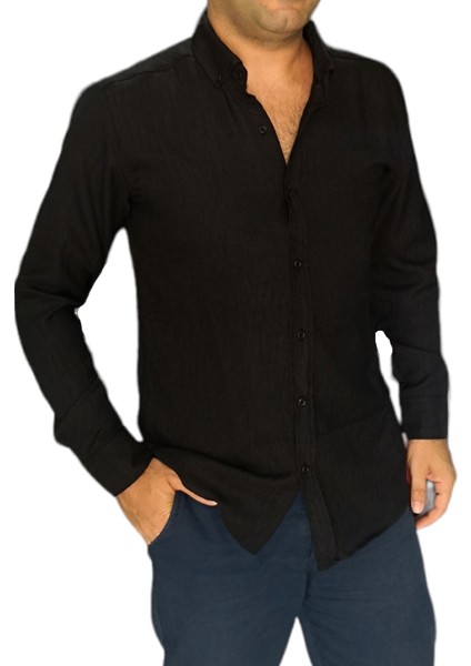 Bayaygün 3046 Polyester Keten Dar Kesim Gömlek _siyah