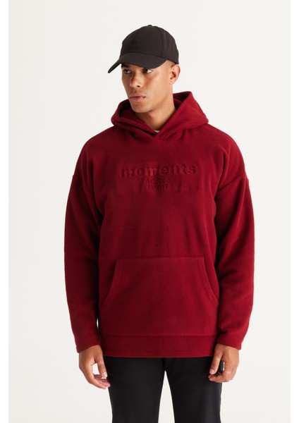 Erkek Bordo Oversize Bol Kesim Kapüşonlu Polar Sweatshirt