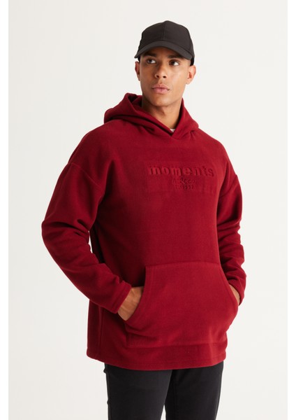 Erkek Bordo Oversize Bol Kesim Kapüşonlu Polar Sweatshirt