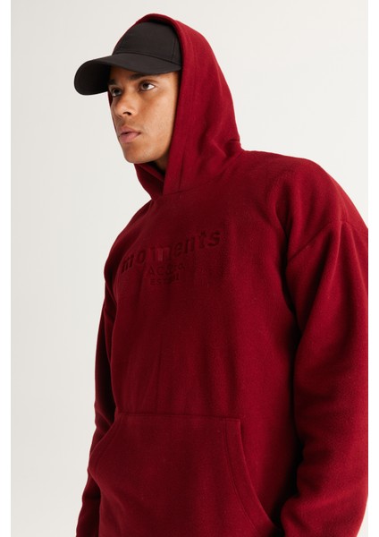 Erkek Bordo Oversize Bol Kesim Kapüşonlu Polar Sweatshirt