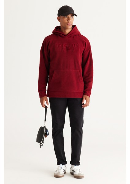 Erkek Bordo Oversize Bol Kesim Kapüşonlu Polar Sweatshirt