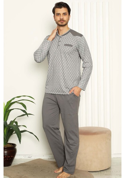 Erkek Gri O Yaka Patlı Düğmeli Uzun Kollu Cepli Büyük Beden Pijama Takımı EDY1179UKB-G modelleri