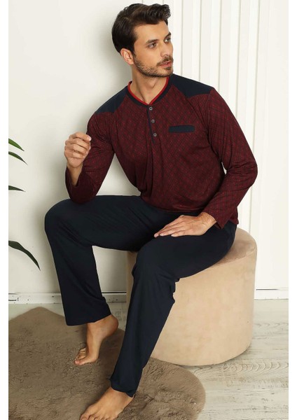 Erkek Bordo O Yaka Patlı Düğmeli Uzun Kollu Cepli Büyük Beden Pijama Takımı EDY1179UKB-B fiyatları