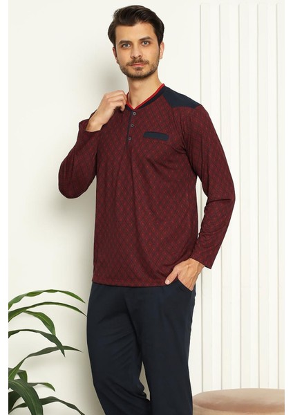 Erkek Bordo O Yaka Patlı Düğmeli Uzun Kollu Cepli Büyük Beden Pijama Takımı EDY1179UKB-B fırsatları