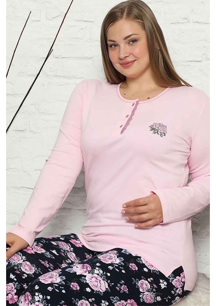 Pembe Kadın Süprem Penye Bisiklet Yaka Patlı Uzun Kollu Büyük Beden Pijama Takım EDY2548UYB