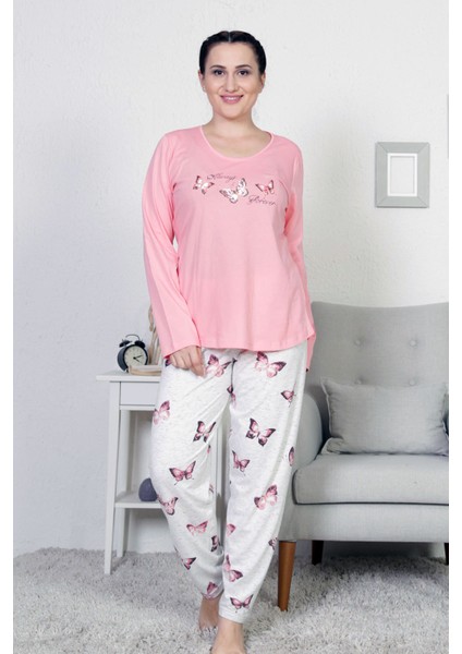 Pembe Kadın O Yaka U Kol Eteği Oval Dar Paça Büyük Beden Pijama Takım EDY3508P