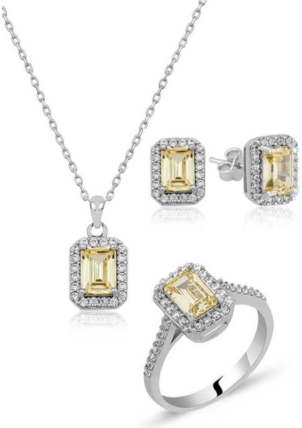 Baget Gümüş Takı Seti Sarı Topaz Taşlı