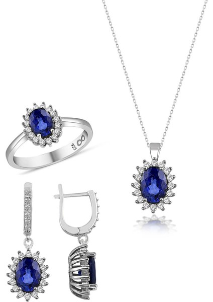 Gümüş Kadın Takı Seti Safir Zirkon