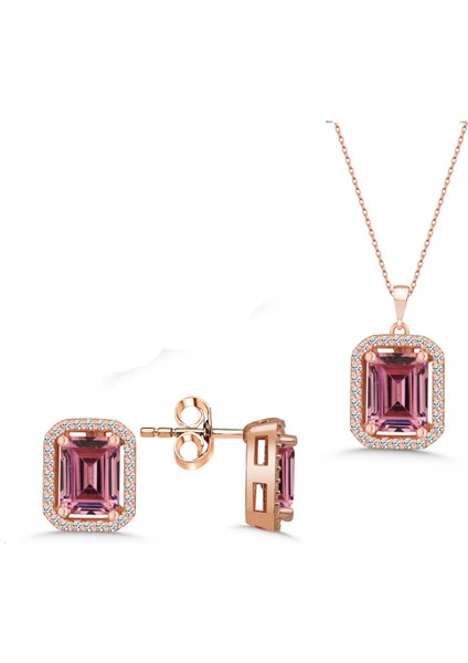 Pembe Kolye Küpe Gümüş Takı Seti