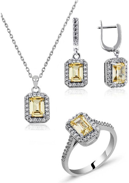 Baget Gümüş Takı Seti Sarı Topaz Taşlı