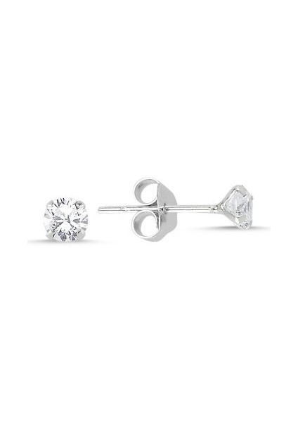 925 Ayar Gümüş 4mm Yuvarlak Zirkon Taşlı Tektaş Küpe