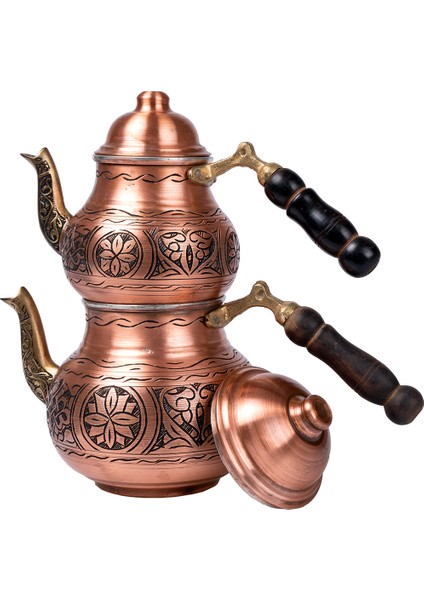 Dmt Copper Home Bakır Çaydanlık Takımı Ağır İşlemeli Ahşap Kulp Alt:12 cm Üst:9 cm 1,5 lt