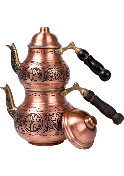 Dmt Copper Home Bakır Çaydanlık Takımı Ağır İşlemeli Ahşap Kulp Alt:12 cm Üst:9 cm 1,5 lt