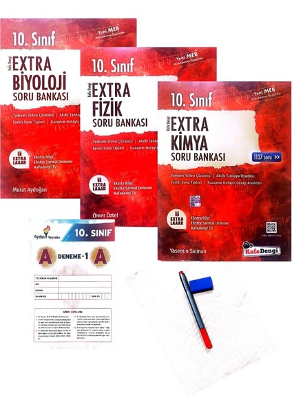 10.Sınıf Ekstra Fizik+Kimya+Biyoloji Soru Bankası Yeni Baskı - Aydın Yayınları Deneme +Faber Kalem+Silgi)