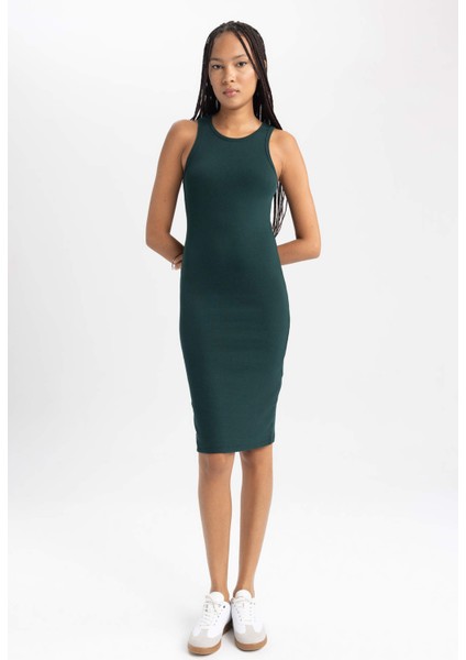 Kadın Yeşil Bodycon Dress Vücudu Saran Halter Yaka Düz Basic Pamuklu Ribana Kolsuz Midi Elbise B0657AXNS