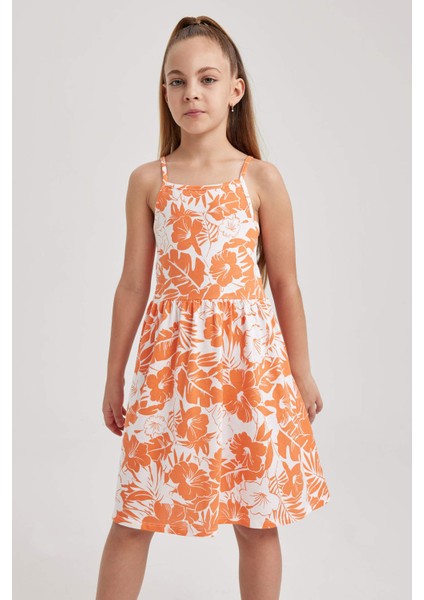 Kız Çocuk Desenli Pamuklu Askılı Elbise