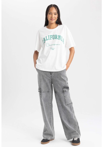 Oversize Fit Bisiklet Yaka Kısa Kollu %100 Pamuk Tişört B0661AXNS