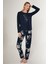 Rose Pattern Lacivert Kadın Uzun Kol Pijama Takım 1