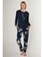 Rose Pattern Lacivert Kadın Uzun Kol Pijama Takım 2