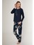 Rose Pattern Lacivert Kadın Uzun Kol Pijama Takım 3
