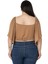 Büyük Beden Geniş Kollu Beli Lastik Büzgülü Crop Camel Bluz 3