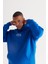 Erkek Mavi Oversize Fit Bol Kesim Kapüşonlu Içi Polarlı 3 Iplik Pamuklu Sweatshirt 2