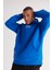 Erkek Mavi Oversize Fit Bol Kesim Kapüşonlu Içi Polarlı 3 Iplik Pamuklu Sweatshirt 3