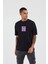 Unisex Mor Palmiye Baskılı Siyah Oversize Tshirt 2