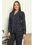 Lacivert Kadın Desenli Boydan Düğmeli Gömlek Yaka Uzun Kollu Pijama Takımı EDY2651UK-L 3