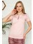 Pembe Bisiklet Yaka Patlı Kısa Kollu Nakış Desenli Kadın Pijama Takımı 2554KK-P 2