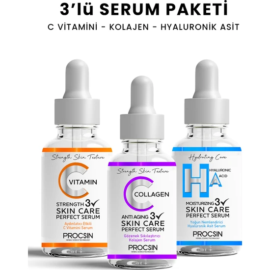 PROCSIN Üçlü Serum Paketi (C Vitamini - Kolajen - Hyaluronik Asit Serumu)